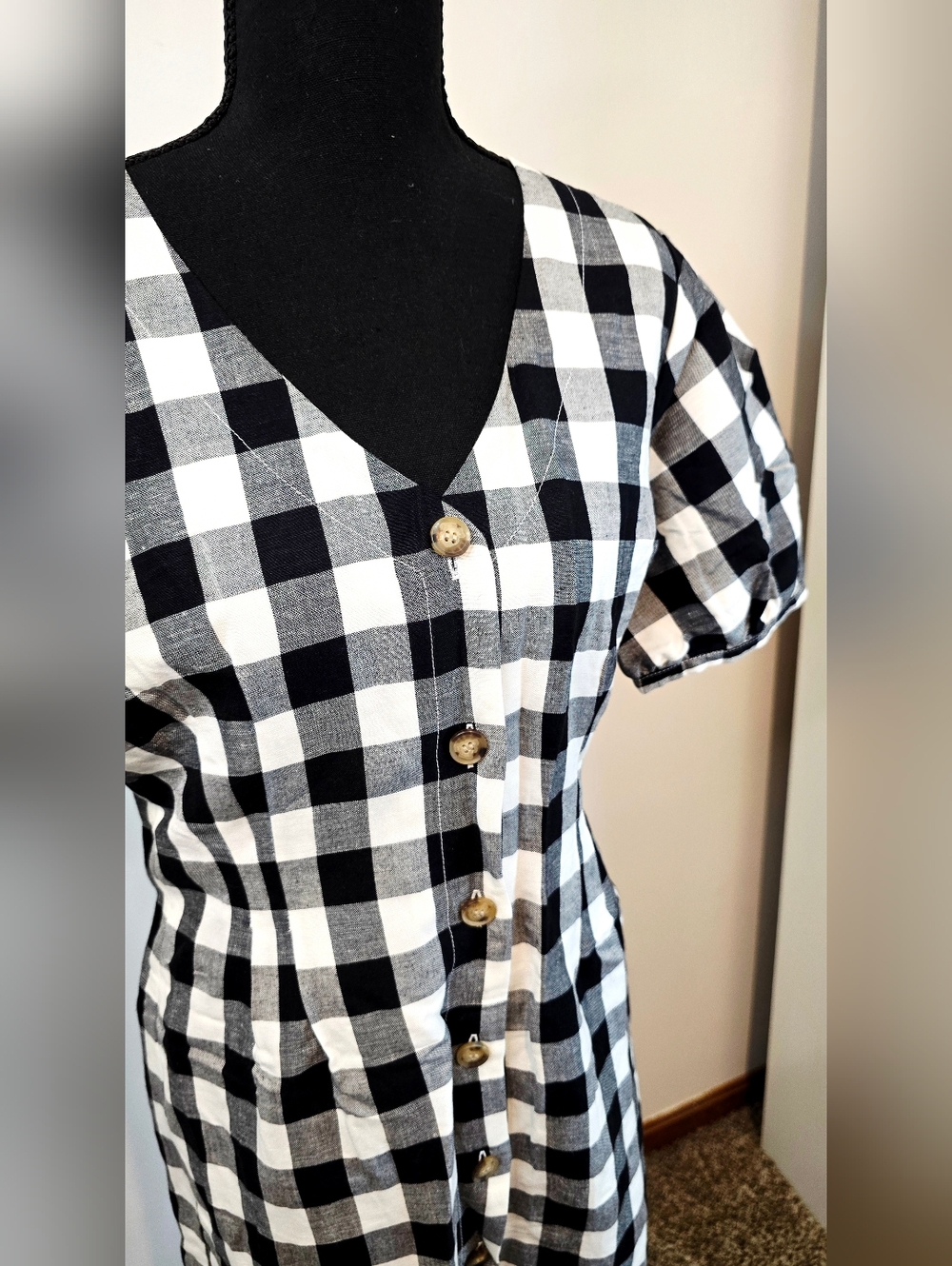 LOFT Black White Gingham Dress Teacher Linen Blend Cottagecore Coastal Preppy - Picture 4 of 12
